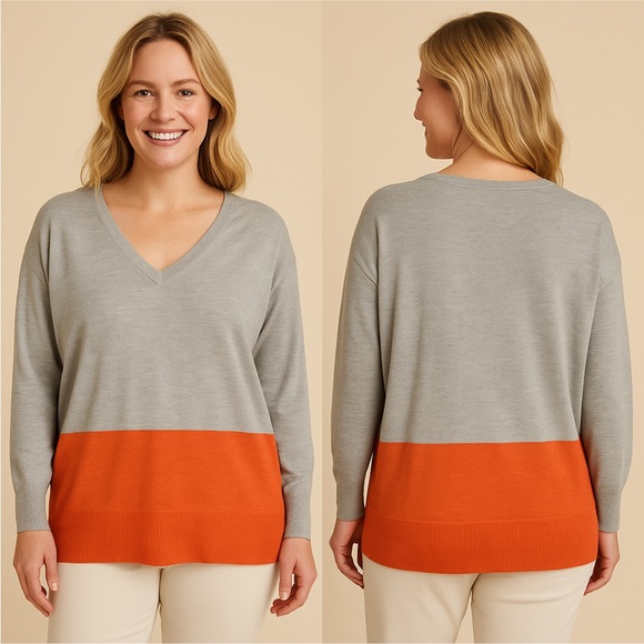 Neiman Marcus Sweaters - Neiman Marcus Design History Gray and Orange Colorblock V-Nevk Women's Sweater M